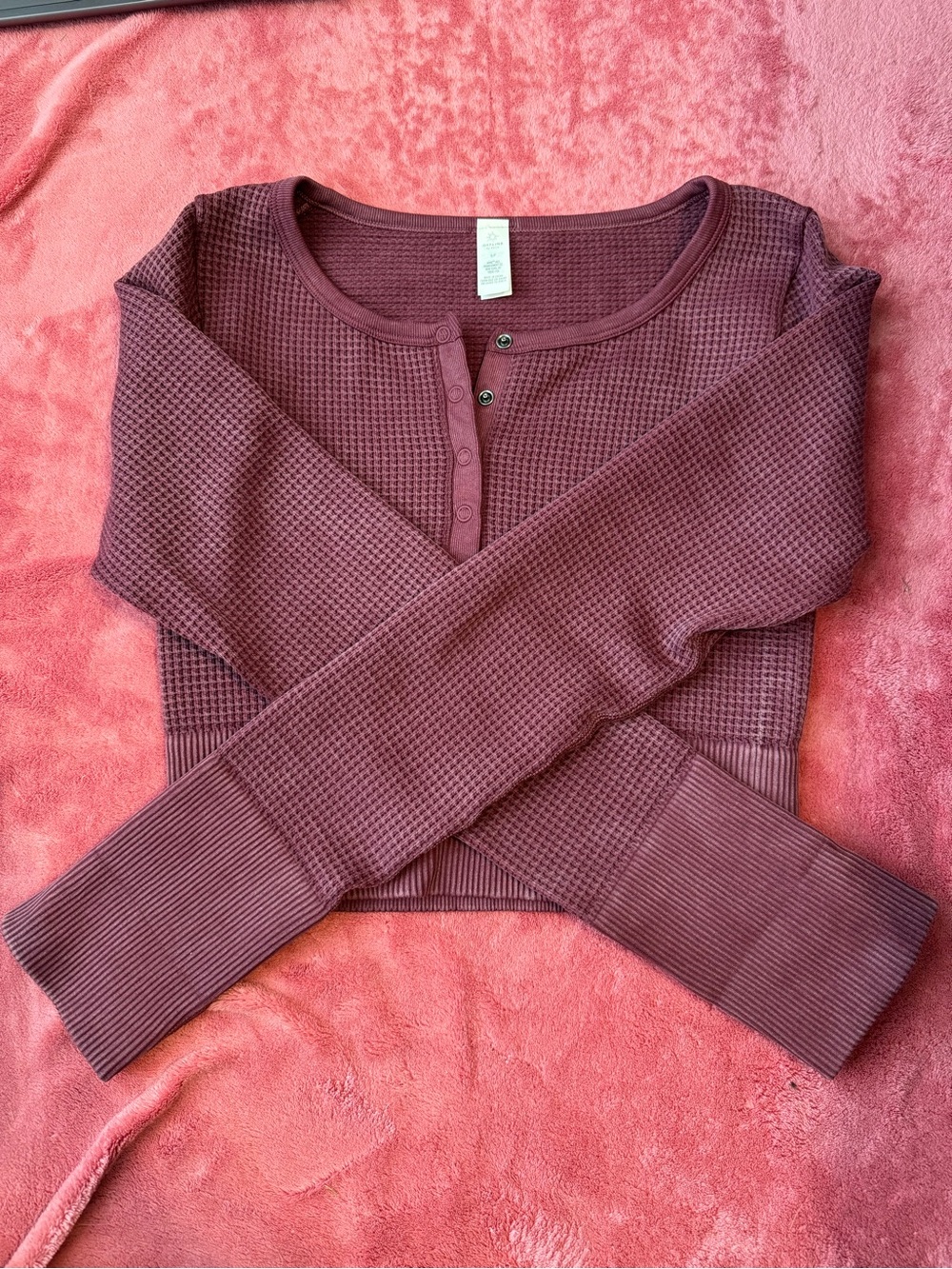 Aerie Offline Waffle-Knit Henley Long Sleeve Top in Mauver